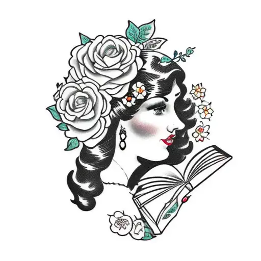 Vintage Floral Lady Profile Reading An Opened Book Surrounded By Bold Floral Frame