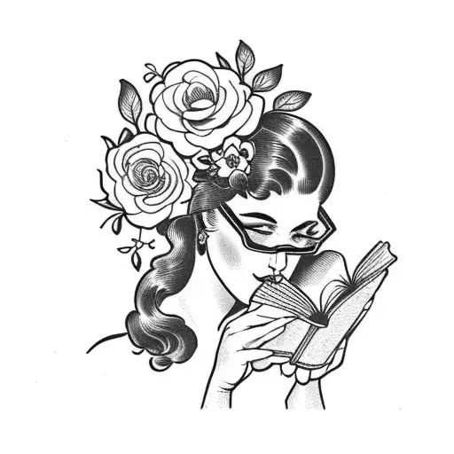 Vintage Floral Lady Profile Reading An Opened Book Surrounded By Bold Floral Frame