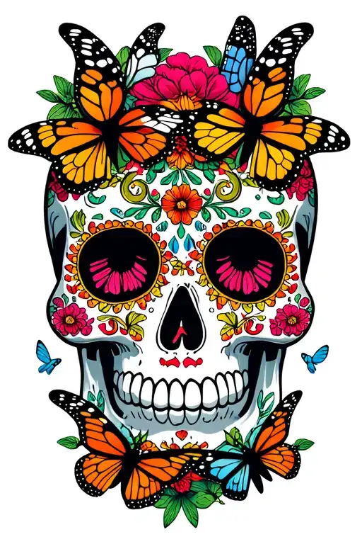Mexican Sugar Skull Surrounded With Butterflies Flying