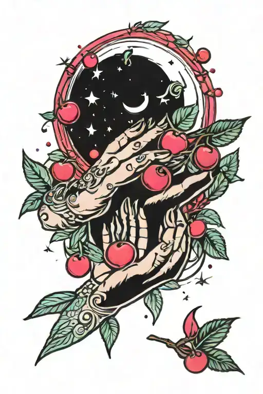 Mystical Moon With Cherries And Hands With Pink And Neon Colors And Sparkles