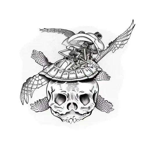 Skeleton Riding A Sea Turtle With An Army Helmet