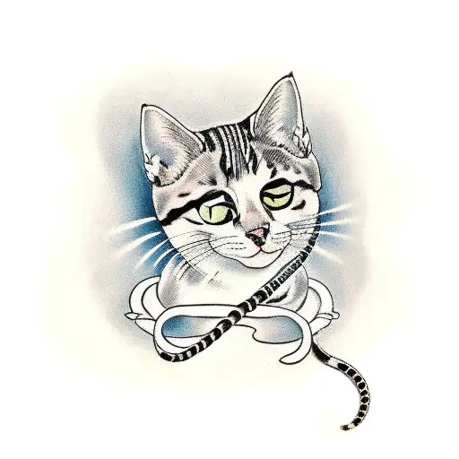 A Traditional Tattoo Of A Cat Knitting With Snake-like Yarn