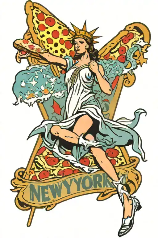 New York Yankees Logo With Pinup Statue Of Liberty Eating A Slice Of Pizza