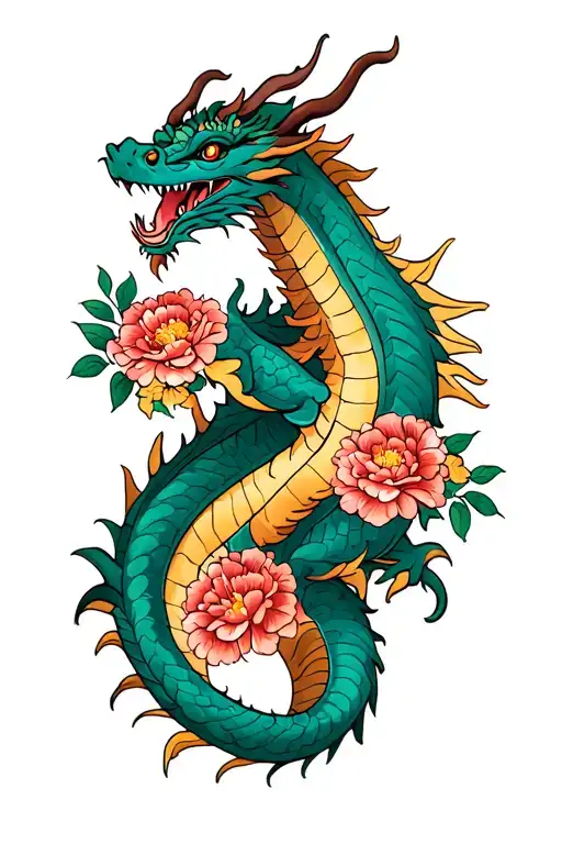 Dragon With Carnations Flowers