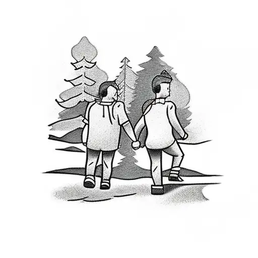 Man Holding Hands With His Children Walking Towards The Woods