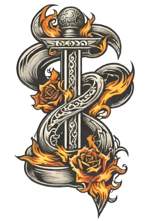 Two Symmetrical Letter F's With Dagger Going Directly In Middle With Flames On Outside