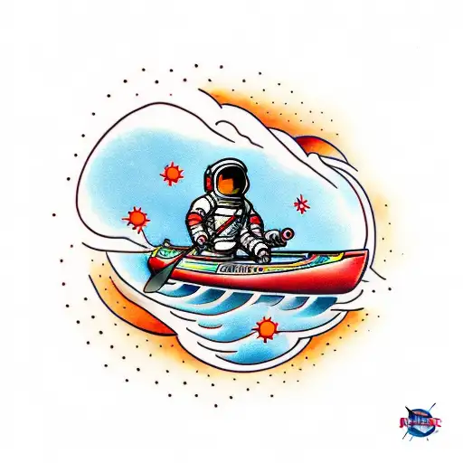 An Astronaut Paddling In A Red Kayak
