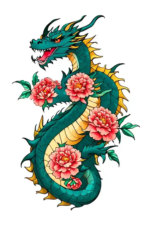Dragon With Carnations Flowers