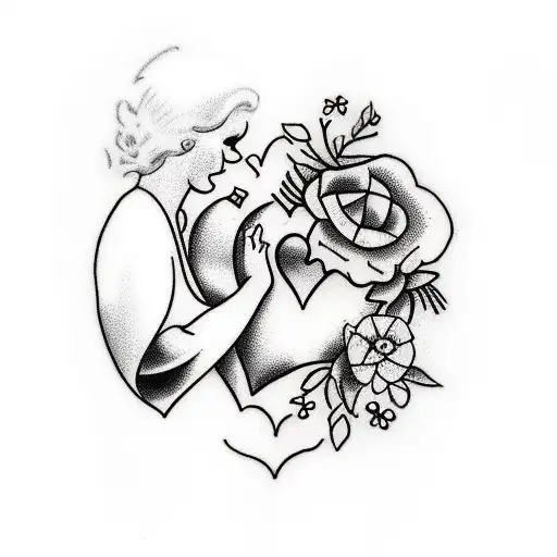 Mother Holding Baby Outline With Hearts And Flowers