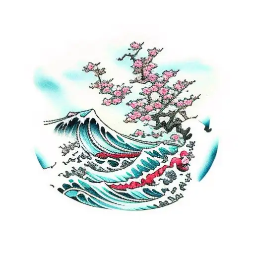 Traditional Japanese Waves Crashing Against A Cherry Blossom Tree On A Rocky Shore