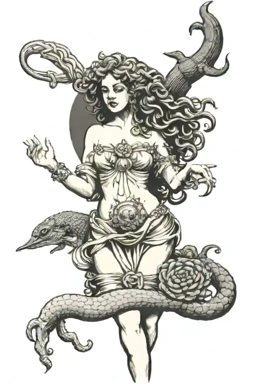 Aphrodite Goddess Next To Medusa Holding