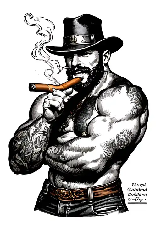 Burly Muscled Guy Smoking A Large Guage Cigar