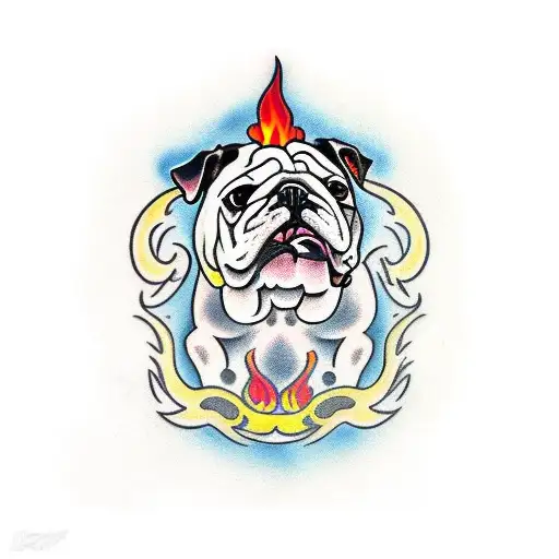 Traditonal Bulldog With Flames Around The Dog