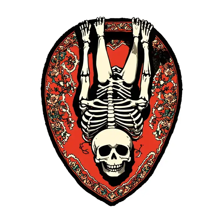 Bored Skeleton Hanging Upside Down From A Carpet Bea