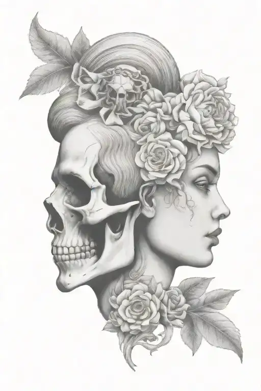Janus Head Profile Skull And Lady