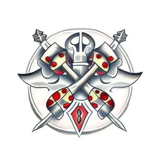 A Traditional Style Tattoo Of Crossed Fire Axes Adorned With Ladybugs
