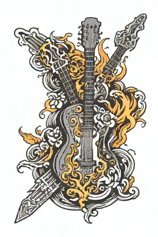 Guitar Shaped Like A Sword With Flaming Skulls On It