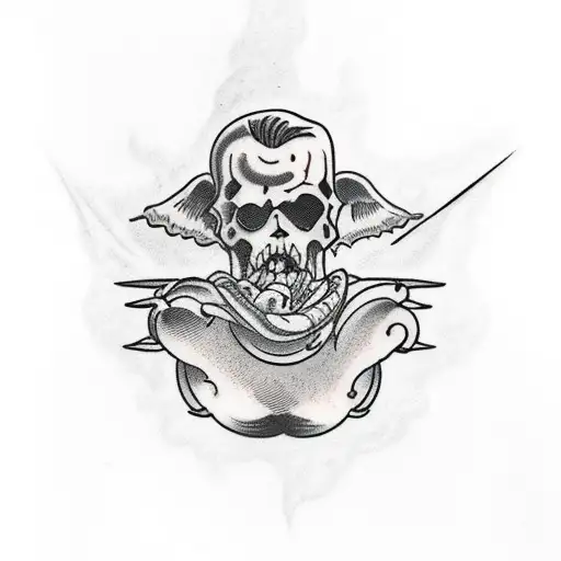 A Full Back Tattoo With A Floating Boy Being Pulled Between Demons From Hell And Angels From Heaven