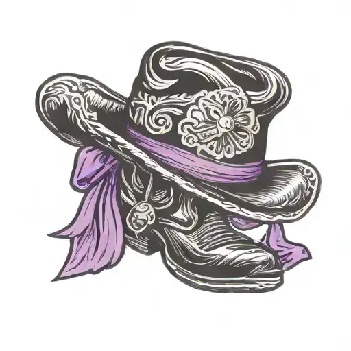 Black Cowboy Hat On Cowboy Boots With Purple Pancreatic Awareness Ribbon