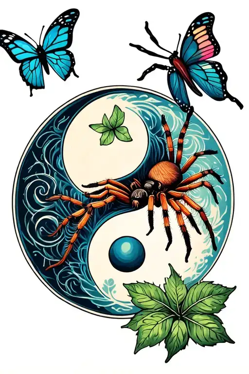 Sign Yin And Yang A Tarantula One Thread With 4 Leaf With A Butterfly