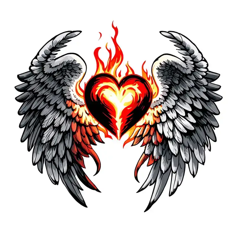 Heart On Fire With One Black And One Grey And White Angel Wing