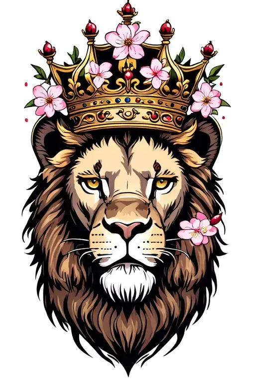 Crowned Lion Head With Cherry Blossom