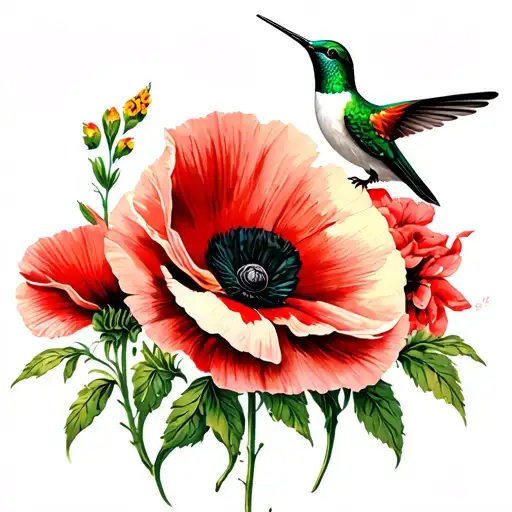 Hummingbird And Poppy Flowers With Gladiola's