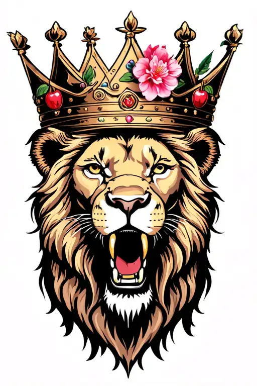 Crowned Lion Head With Cherry Blossom