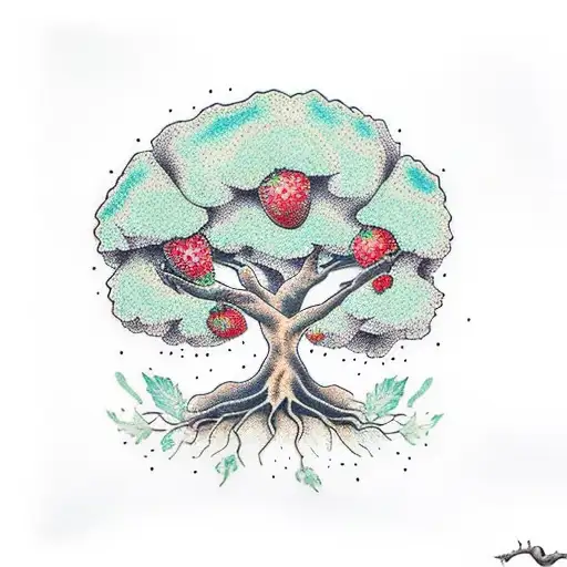 Oak Tree With Big Strawberry Inside The Roots