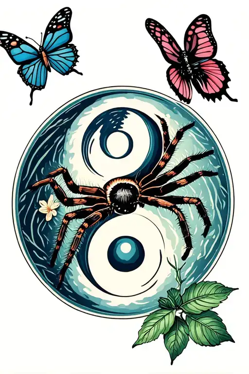Sign Yin And Yang A Tarantula One Thread With 4 Leaf With A Butterfly