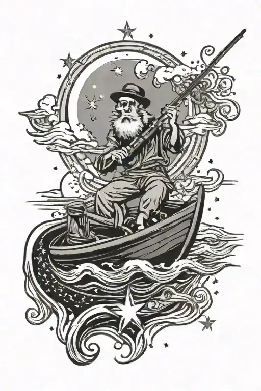 Guy On Cresent Moon Fishing For Stars While Death Looks Up From The Ocean In A Boat
