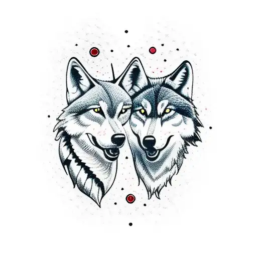 Two Wolves Conjoined Together In Black And Red