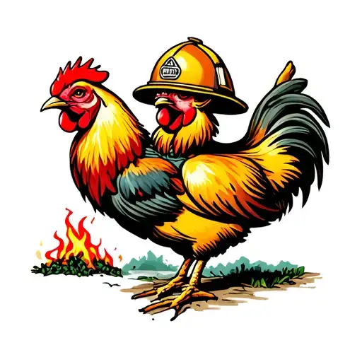 Tattoo Of A Chicken Firefighter With An Helmet In The Forest Extinguishing Camps Fires