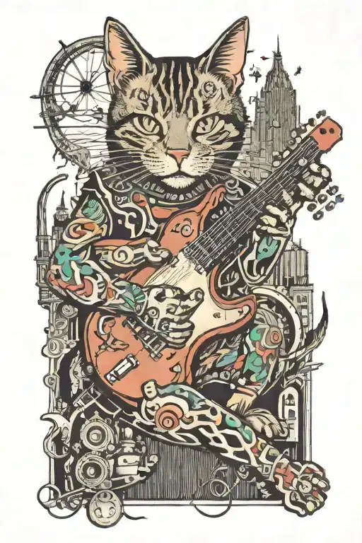 A Cat Playing A Guitar With A Cityscape In The Background Made Of Machine Parts