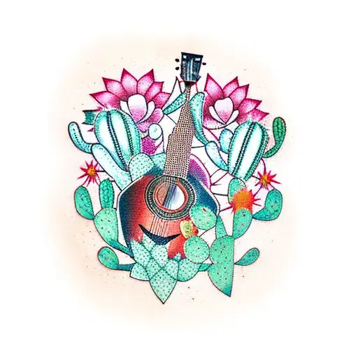 Acoustic Guitar With A Design Featuring Scarlet And Black Cactuses