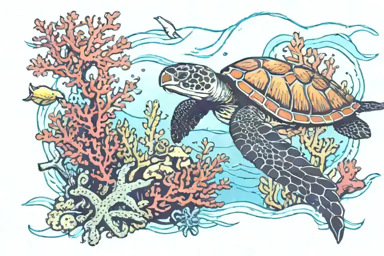 Underwater Scene With Coral Colorful With A Sea Turtle Swimming And A Pier In The Background