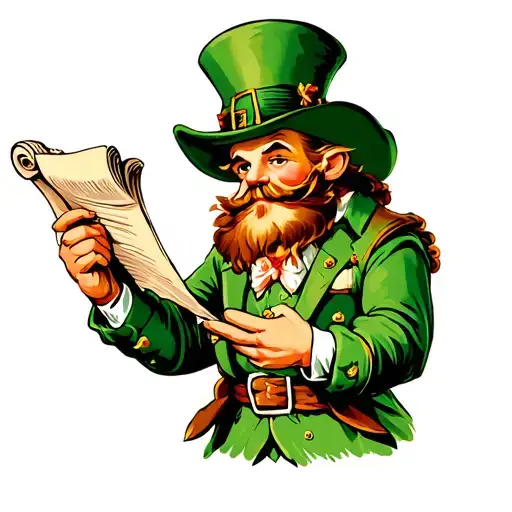 Traditional Style Leprechaun Holding An Open Paper Scroll