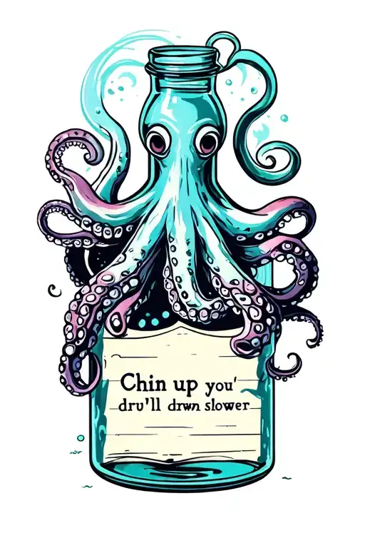 Traditional Octopus Holding A Message In A Bottle That Says Chin Up You'll Drown Slower