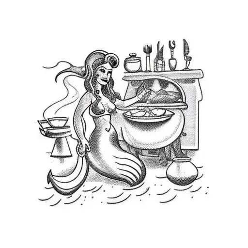 A Traditional Tattoo Of A Mermaid Cooking A Meal On A Ship's Galley