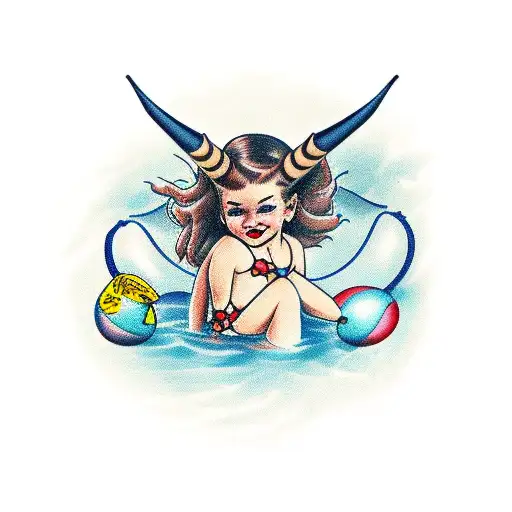 Girl With Devil Horns Wearing Bathing Suit On A Pool Floatie In Water