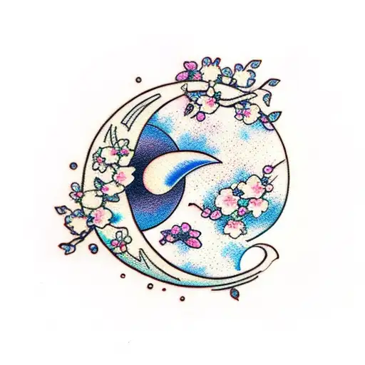 Cherry Blossom Branch In Shape Of Crescent Moon