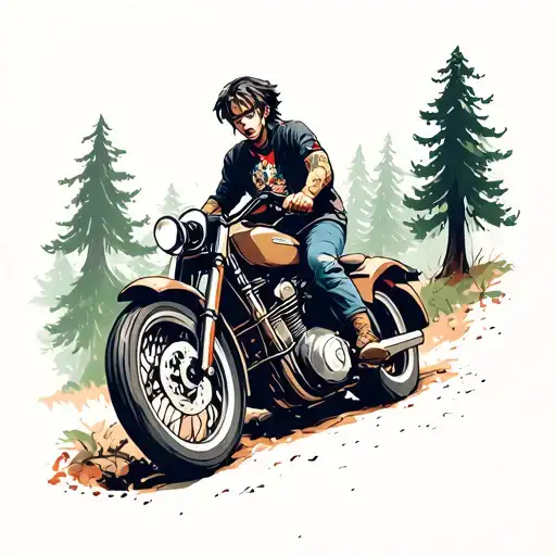 Anime Character Riding A Motorcycle Through A Wooded Forest