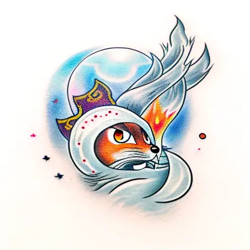 Nine Tail Fox With Blood Moon And Orbs Of Fire