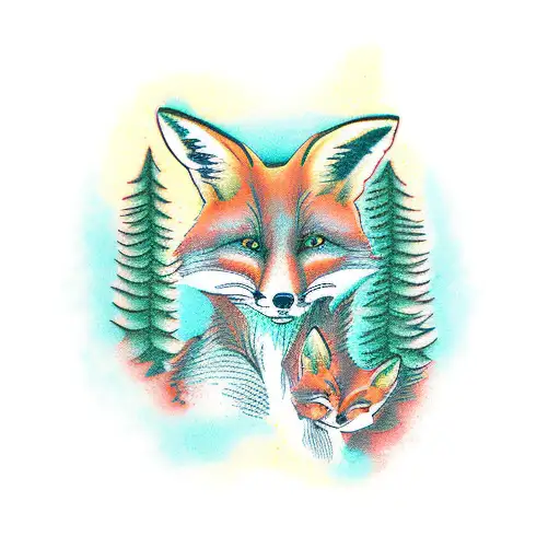 Fox Family In A Cedar Forest