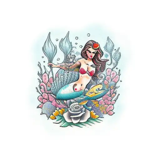 A Traditional Tattoo Of A Swimming Mermaid Holding A Bouquet Of Disney-inspired Flowers