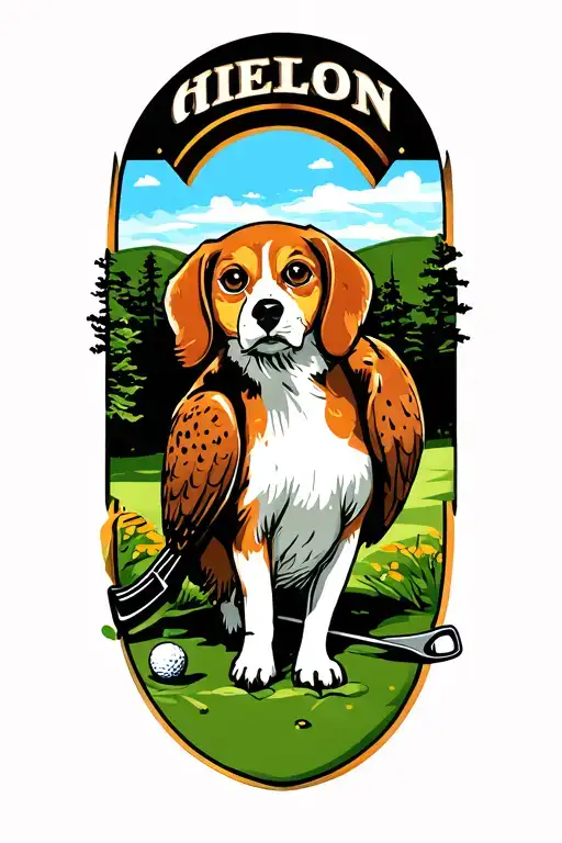 Beagle Playing Golf Course Landscape With An Owl Perched