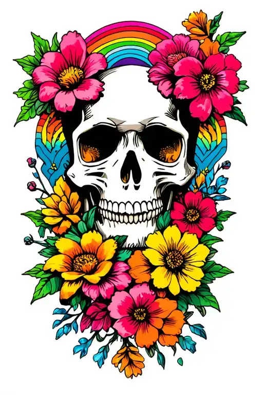 Flowers Skull And Rainbow