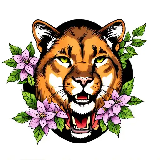 Mountain Lion With Wild Mountain Laurel Flowers