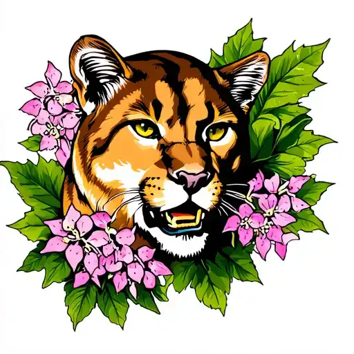 Mountain Lion With Wild Mountain Laurel Flowers