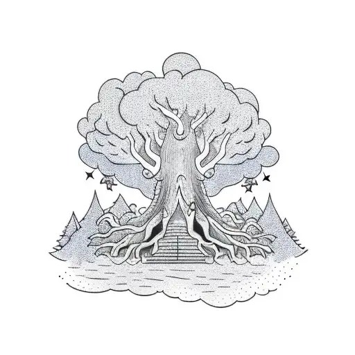 Banyon Tree With Huge Trunks And On The Trunks There Are Two Faces